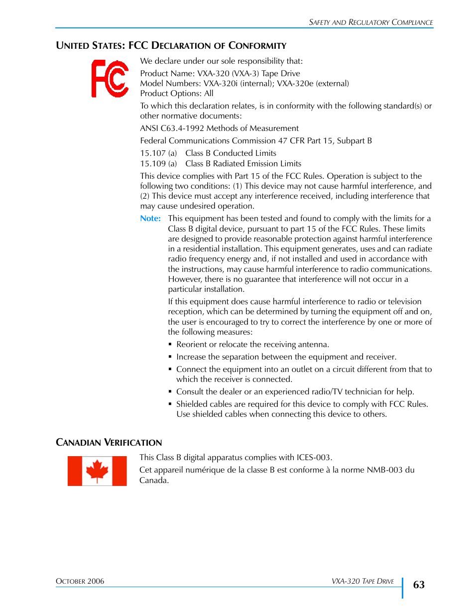 United states: fcc declaration of conformity, Canadian verification, Fcc d | Tandberg Data VXA-320 (VXA-3) User Manual | Page 77 / 90