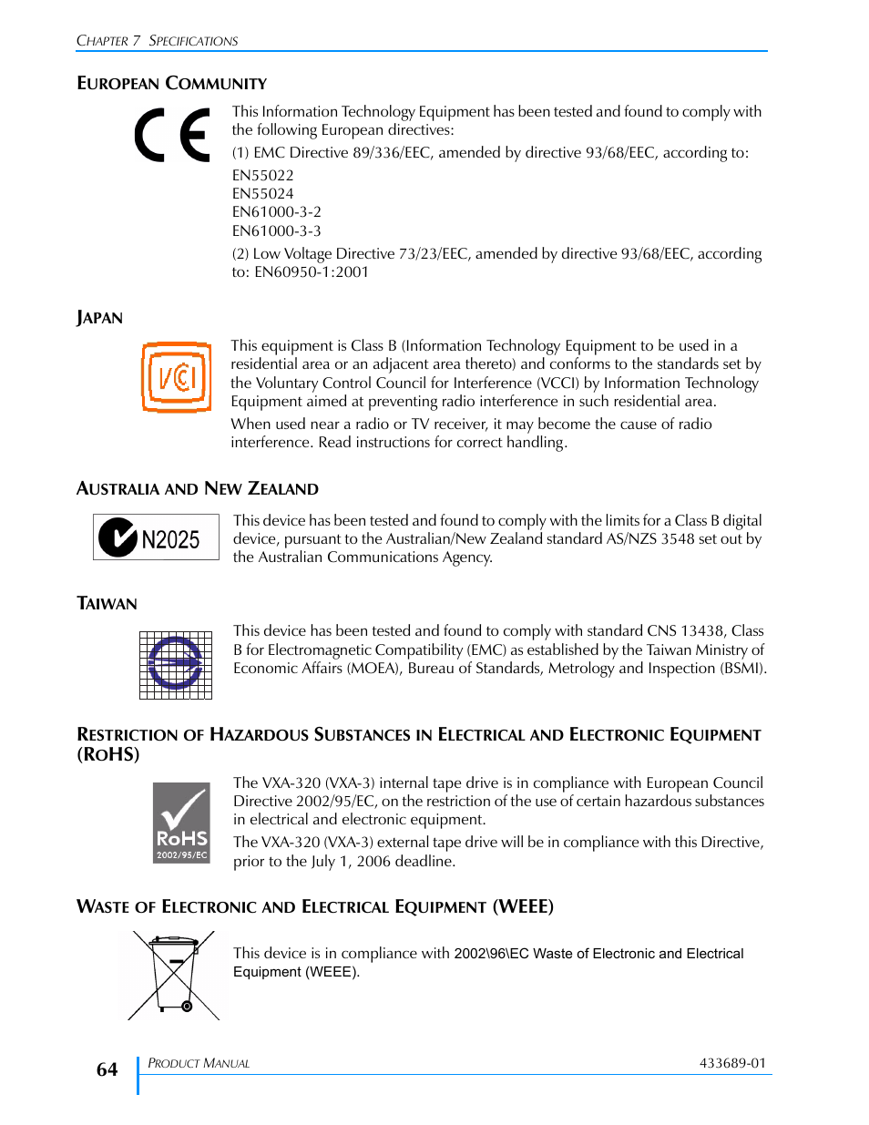 European community, Japan, Australia and new zealand | Taiwan, Equipment (rohs) | Tandberg Data VXA-320 (VXA-3) User Manual | Page 78 / 90