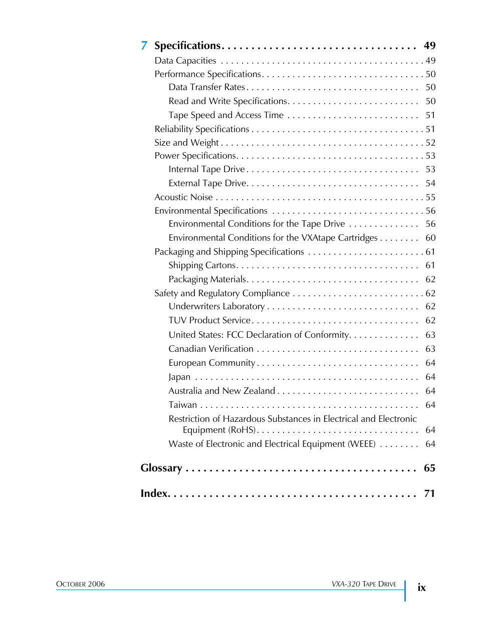 Specifications, Glossary index | Tandberg Data VXA-320 (VXA-3) User Manual | Page 9 / 90