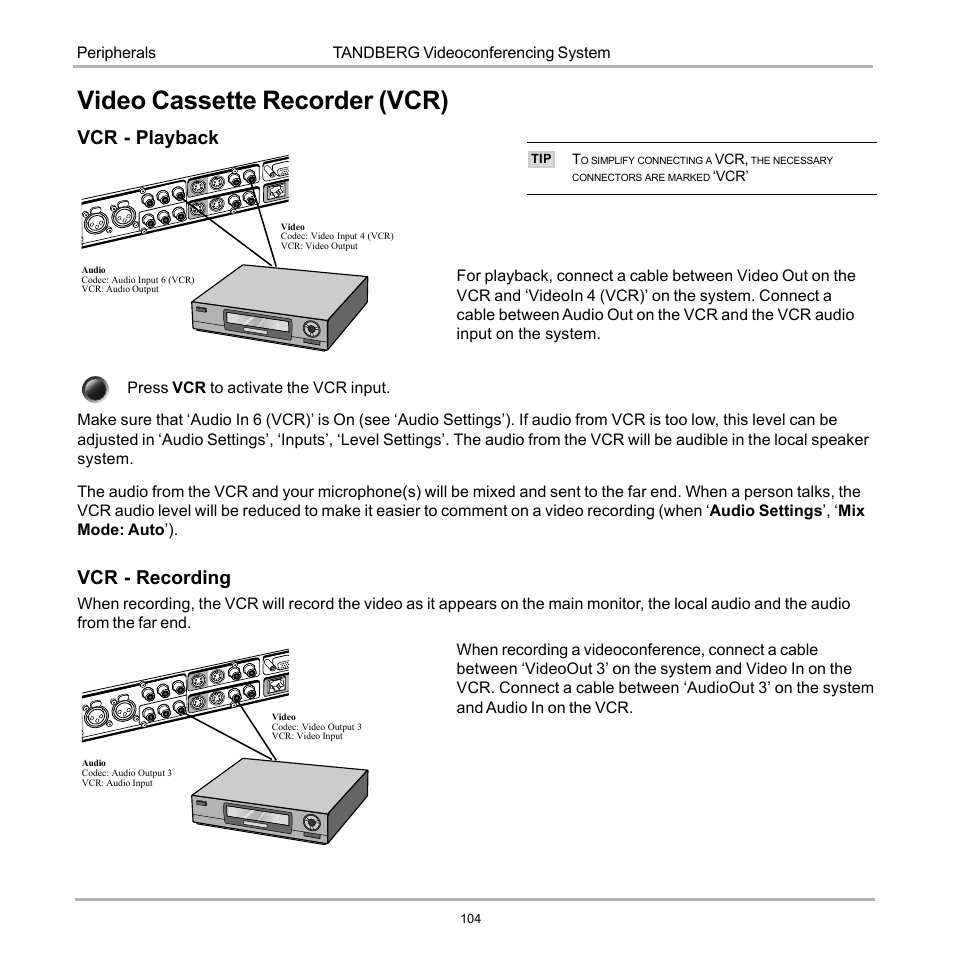 Video cassette recorder (vcr), Vcr - playback, Vcr - recording | Tandberg Data 7000 User Manual | Page 104 / 118