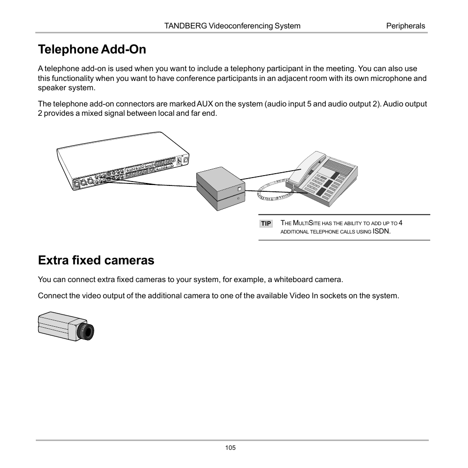 Telephone add-on, Extra fixed cameras, Telephone add-on extra fixed cameras | Tandberg Data 7000 User Manual | Page 105 / 118
