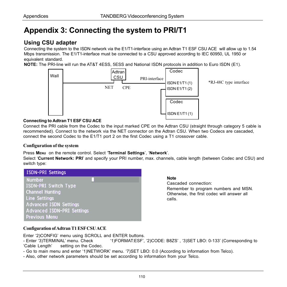 Appendix 3: connecting the system to pri/t1, Using csu adapter | Tandberg Data 7000 User Manual | Page 110 / 118