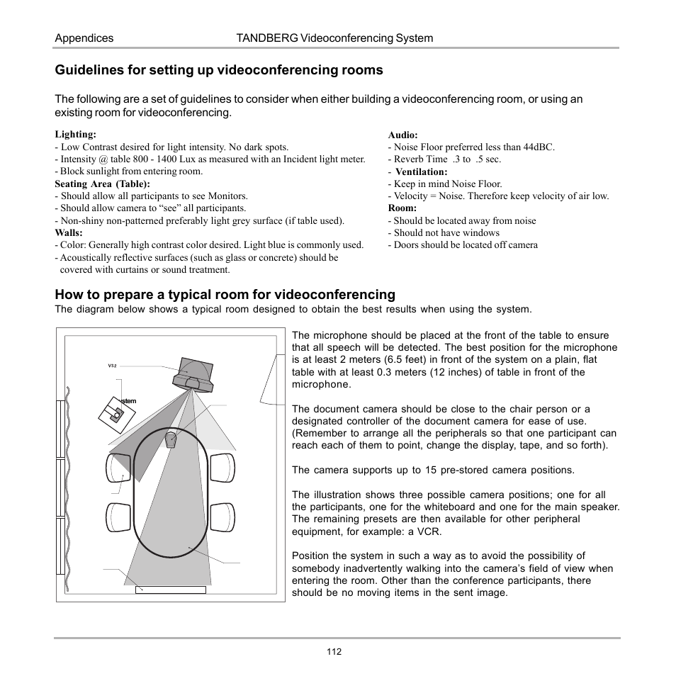Guidelines for setting up videoconferencing rooms, Tandberg videoconferencing system appendices | Tandberg Data 7000 User Manual | Page 112 / 118