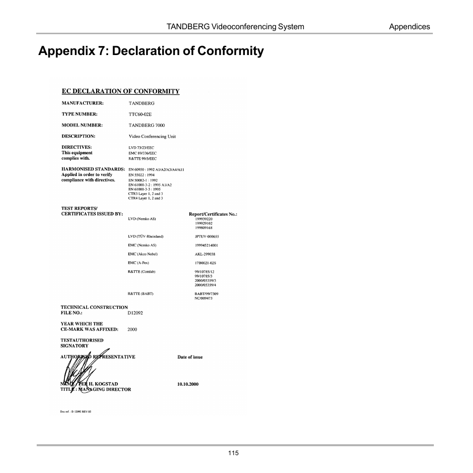 Appendix 7: declaration of conformity | Tandberg Data 7000 User Manual | Page 115 / 118