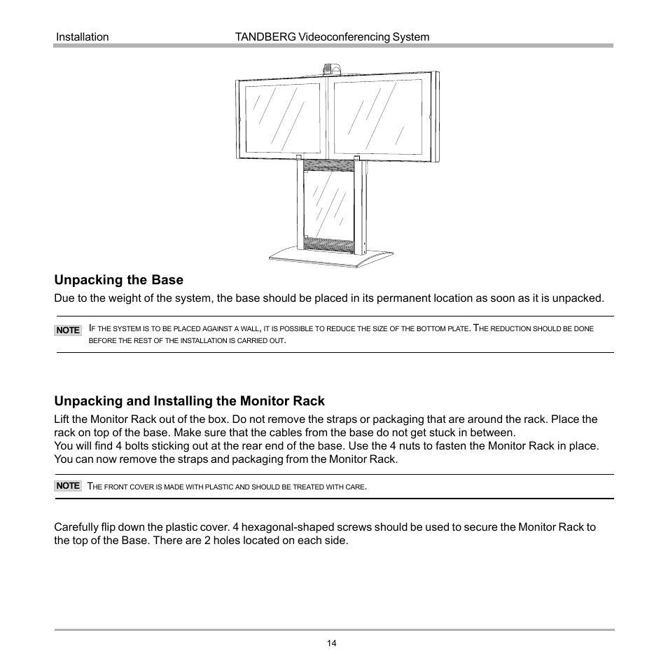 Unpacking the base, Unpacking and installing the monitor rack, Tandberg videoconferencing system installation | Tandberg Data 7000 User Manual | Page 14 / 118