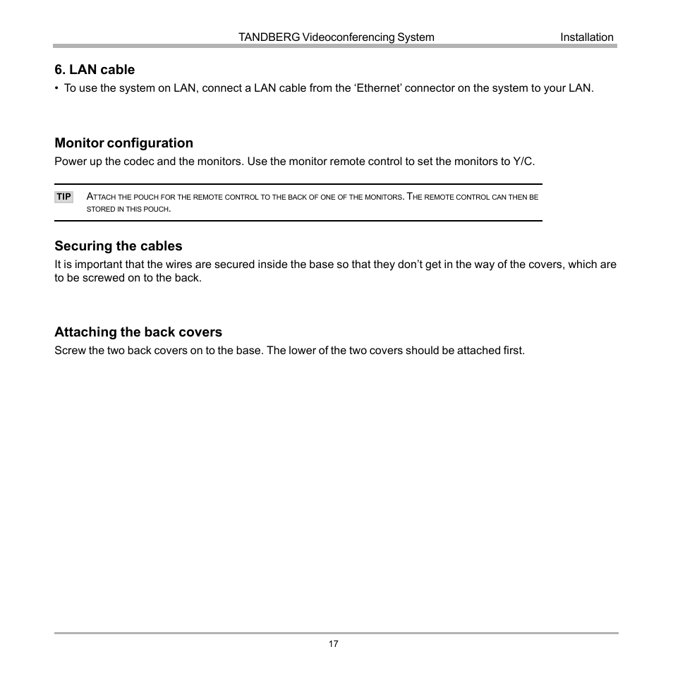 Monitor configuration, Securing the cables, Attaching the back covers | Lan cable | Tandberg Data 7000 User Manual | Page 17 / 118