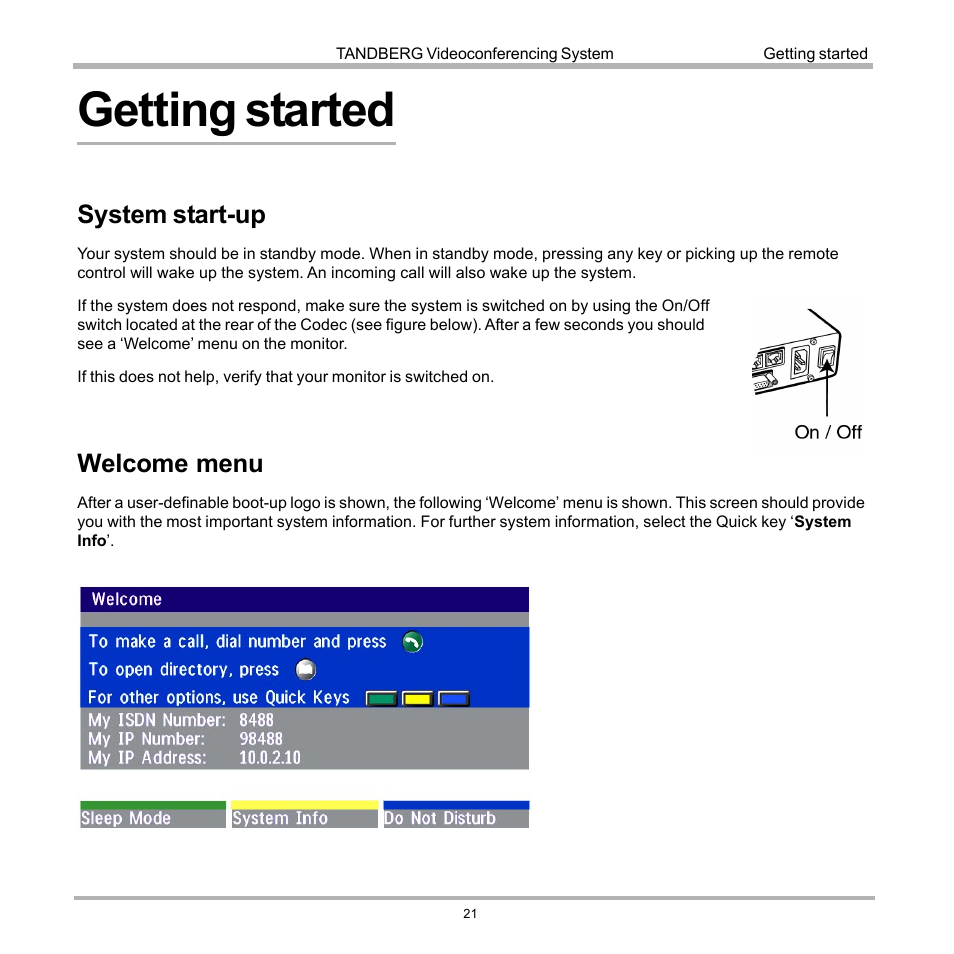 Getting started, System start-up, Welcome menu | System start-up welcome menu | Tandberg Data 7000 User Manual | Page 21 / 118