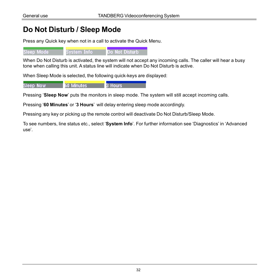 Do not disturb / sleep mode | Tandberg Data 7000 User Manual | Page 32 / 118