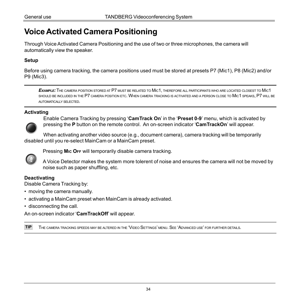 Voice activated camera positioning, Tandberg videoconferencing system general use | Tandberg Data 7000 User Manual | Page 34 / 118