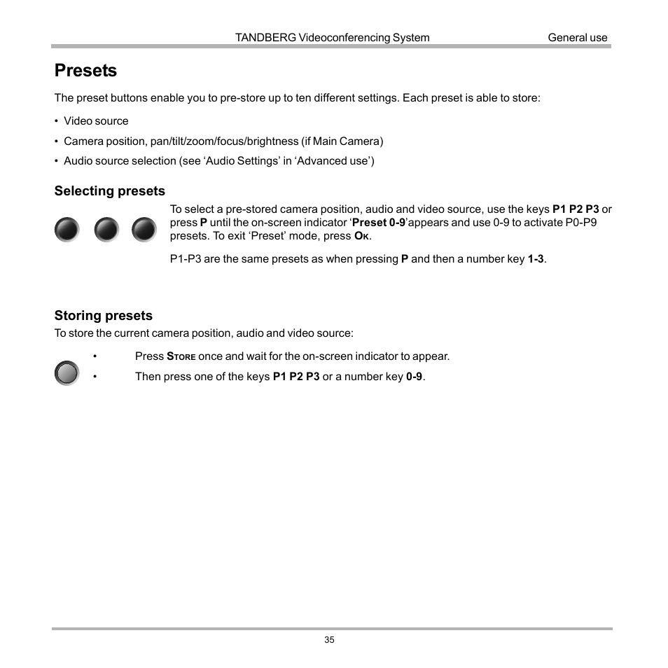 Presets, Selecting presets, Storing presets | Tandberg Data 7000 User Manual | Page 35 / 118