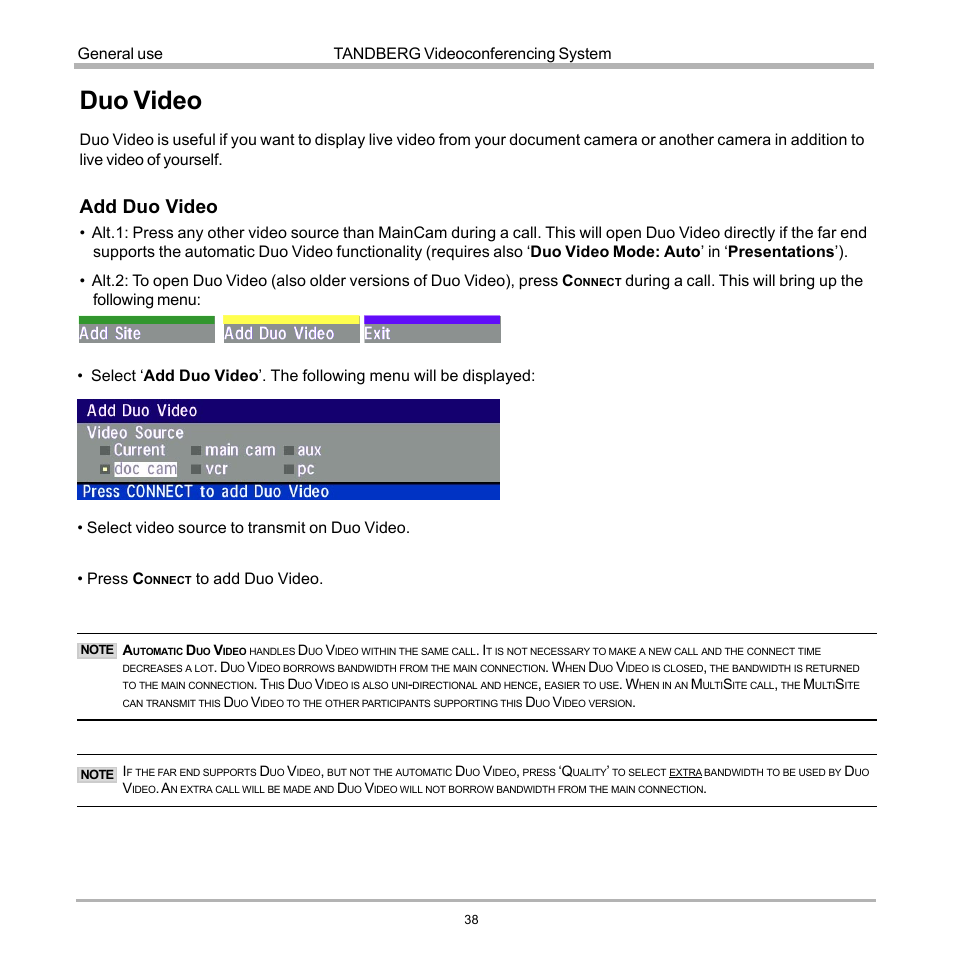 Duo video, Add duo video, Tandberg videoconferencing system general use | Tandberg Data 7000 User Manual | Page 38 / 118