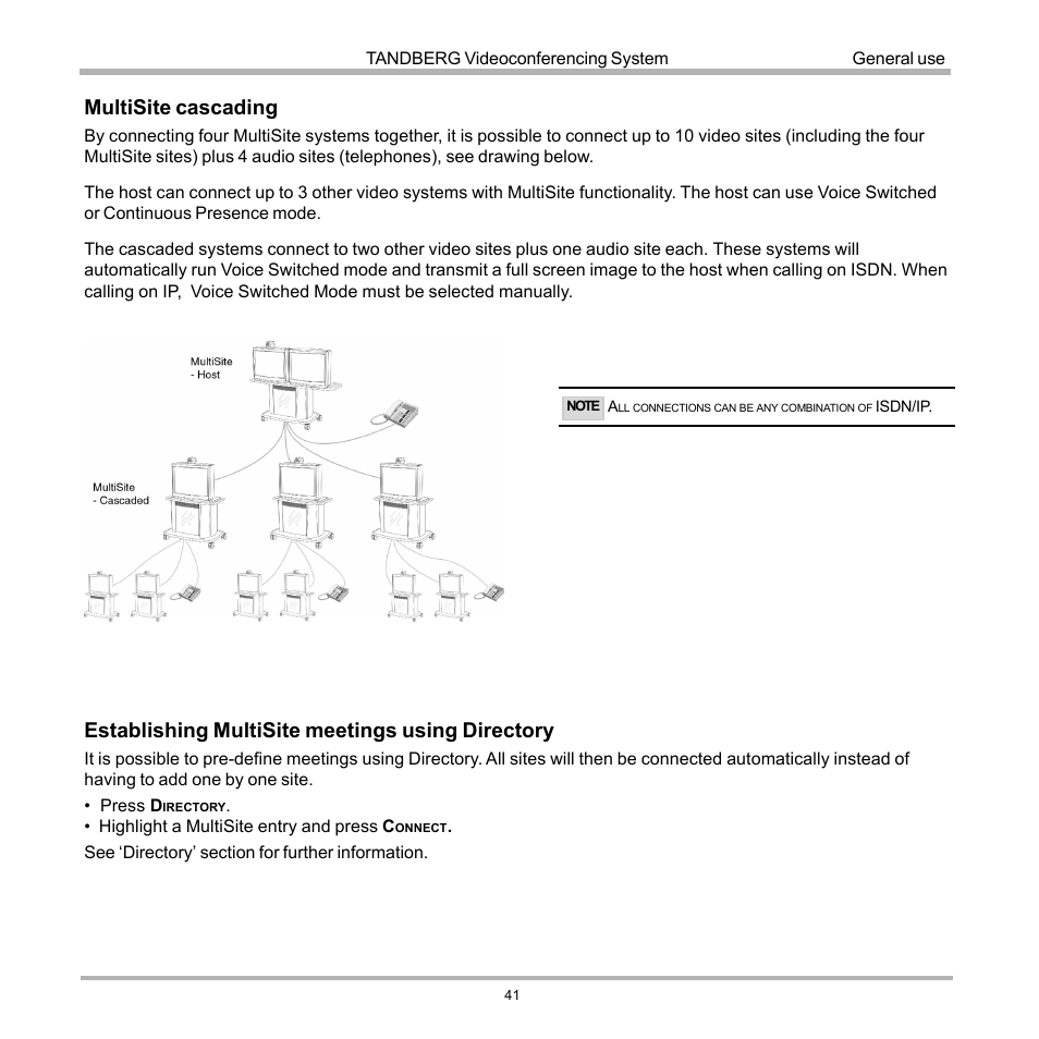 Multisite cascading, Establishing multisite meetings using directory | Tandberg Data 7000 User Manual | Page 41 / 118