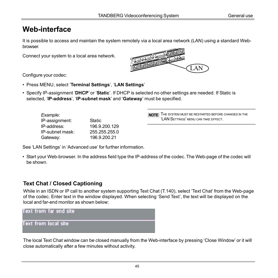 Web-interface, Text chat / closed captioning | Tandberg Data 7000 User Manual | Page 45 / 118