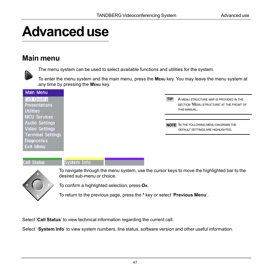 Advanced use, Main menu | Tandberg Data 7000 User Manual | Page 47 / 118