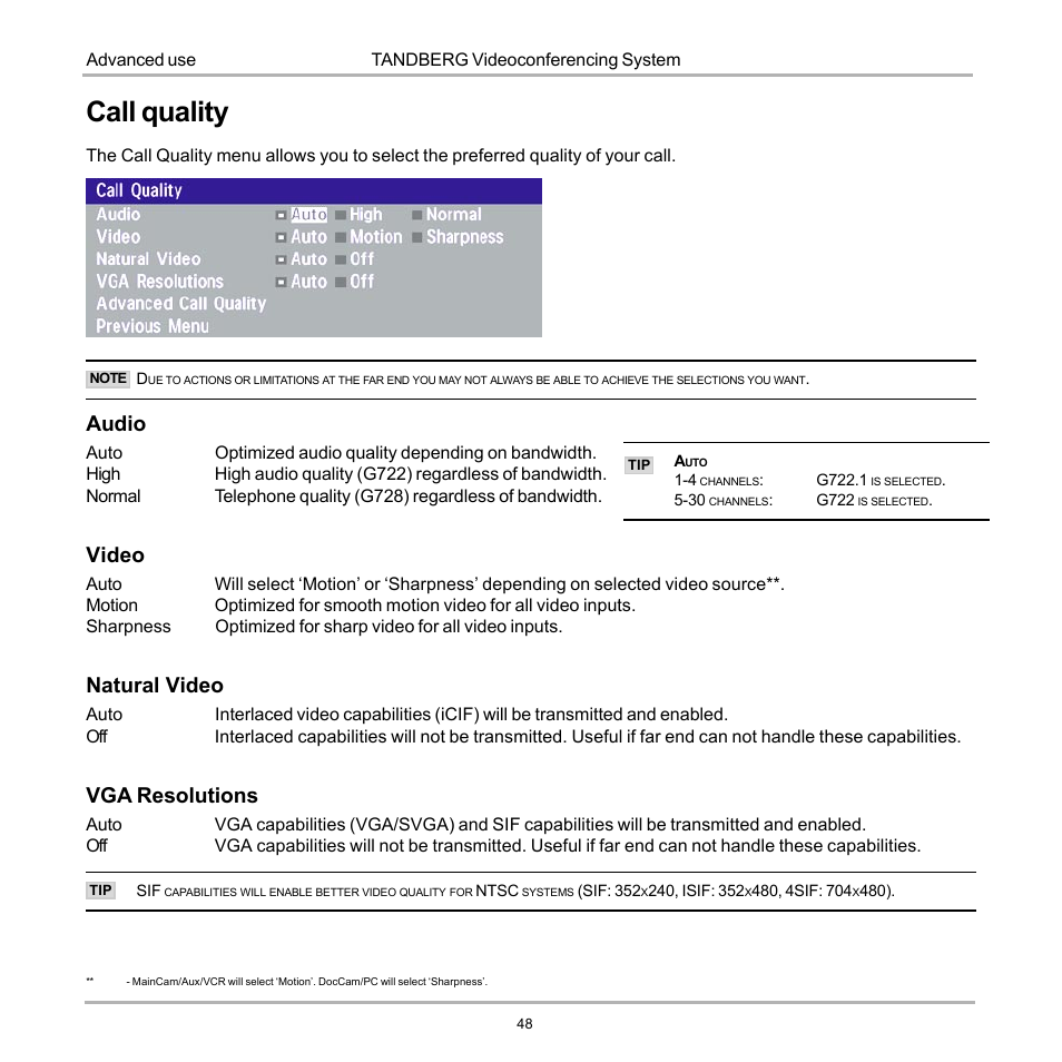 Call quality, Audio, Video | Natural video, Vga resolutions | Tandberg Data 7000 User Manual | Page 48 / 118