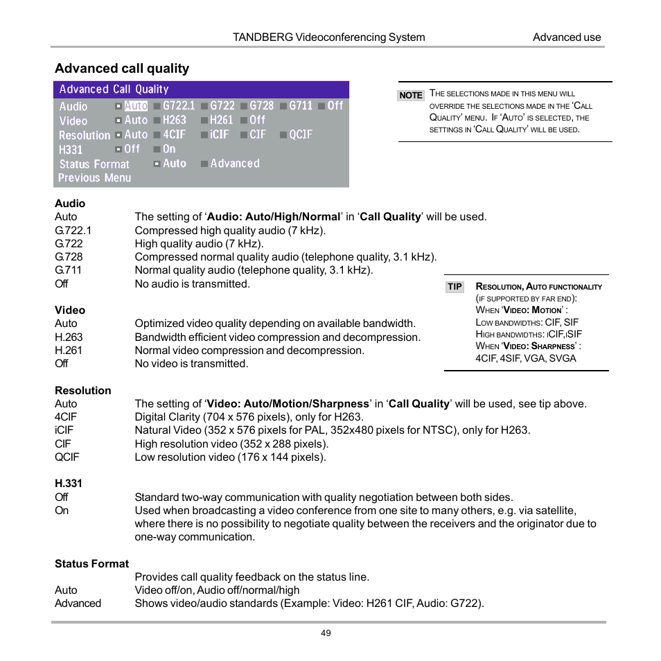 Advanced call quality | Tandberg Data 7000 User Manual | Page 49 / 118