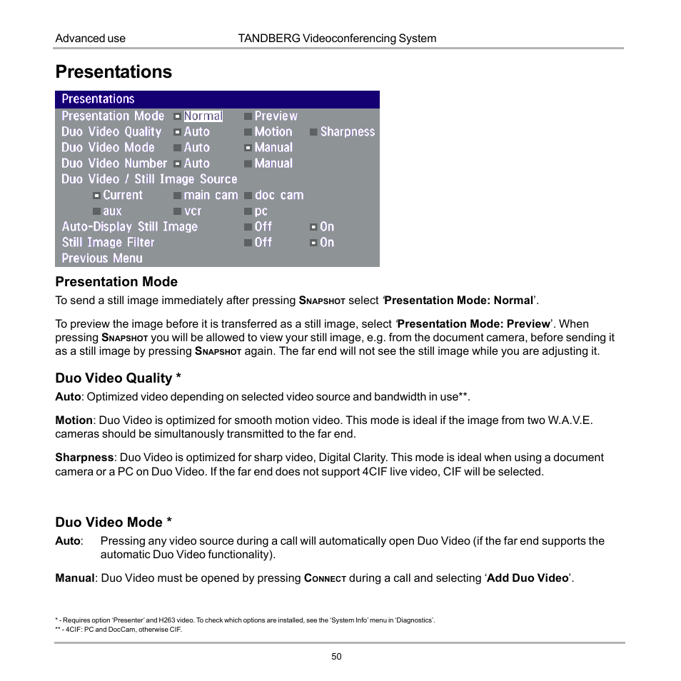 Presentations, Presentation mode, Duo video quality | Duo video mode | Tandberg Data 7000 User Manual | Page 50 / 118