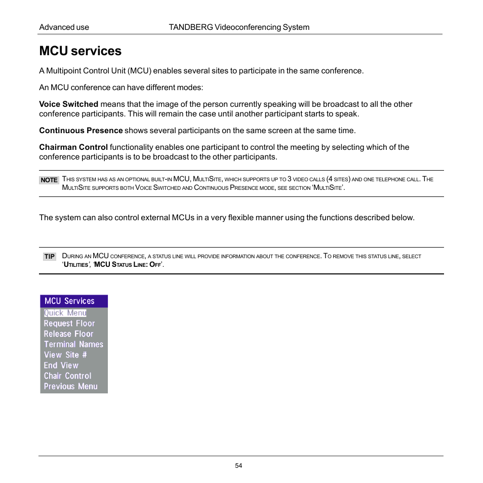 Mcu services, Tandberg videoconferencing system advanced use | Tandberg Data 7000 User Manual | Page 54 / 118