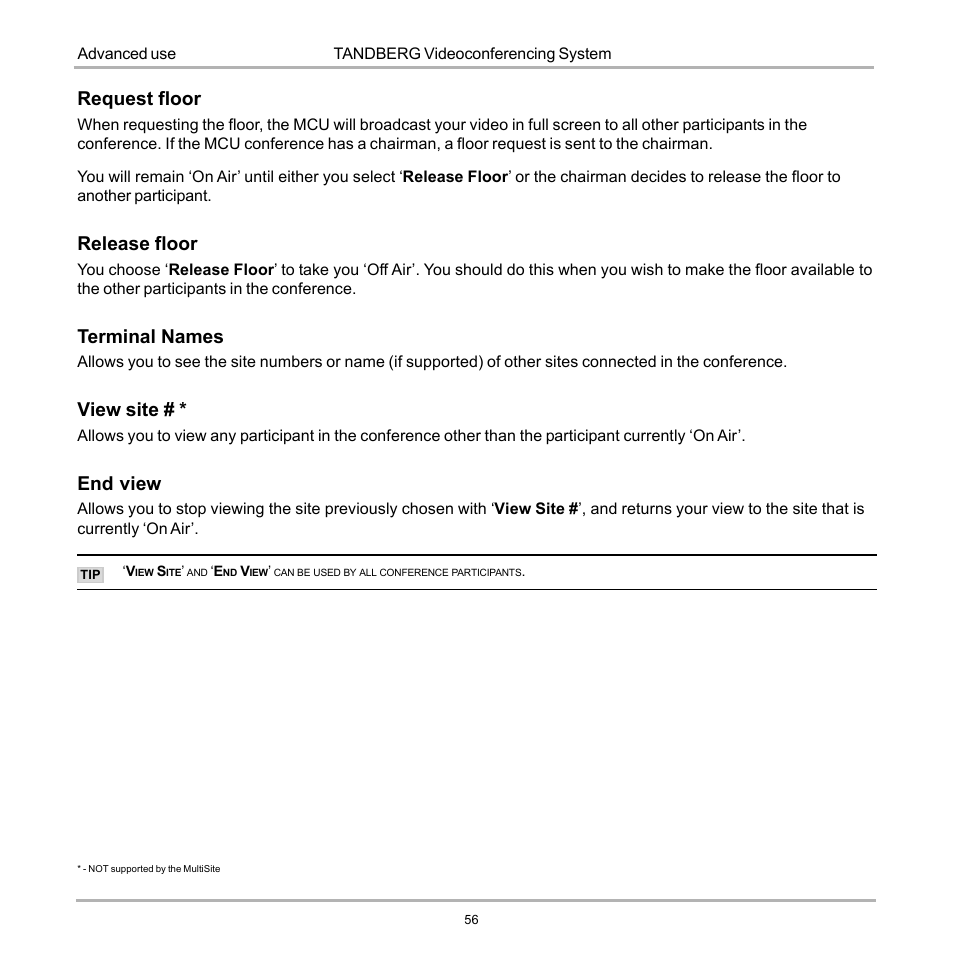 Request floor, Release floor, Terminal names | View site, End view | Tandberg Data 7000 User Manual | Page 56 / 118