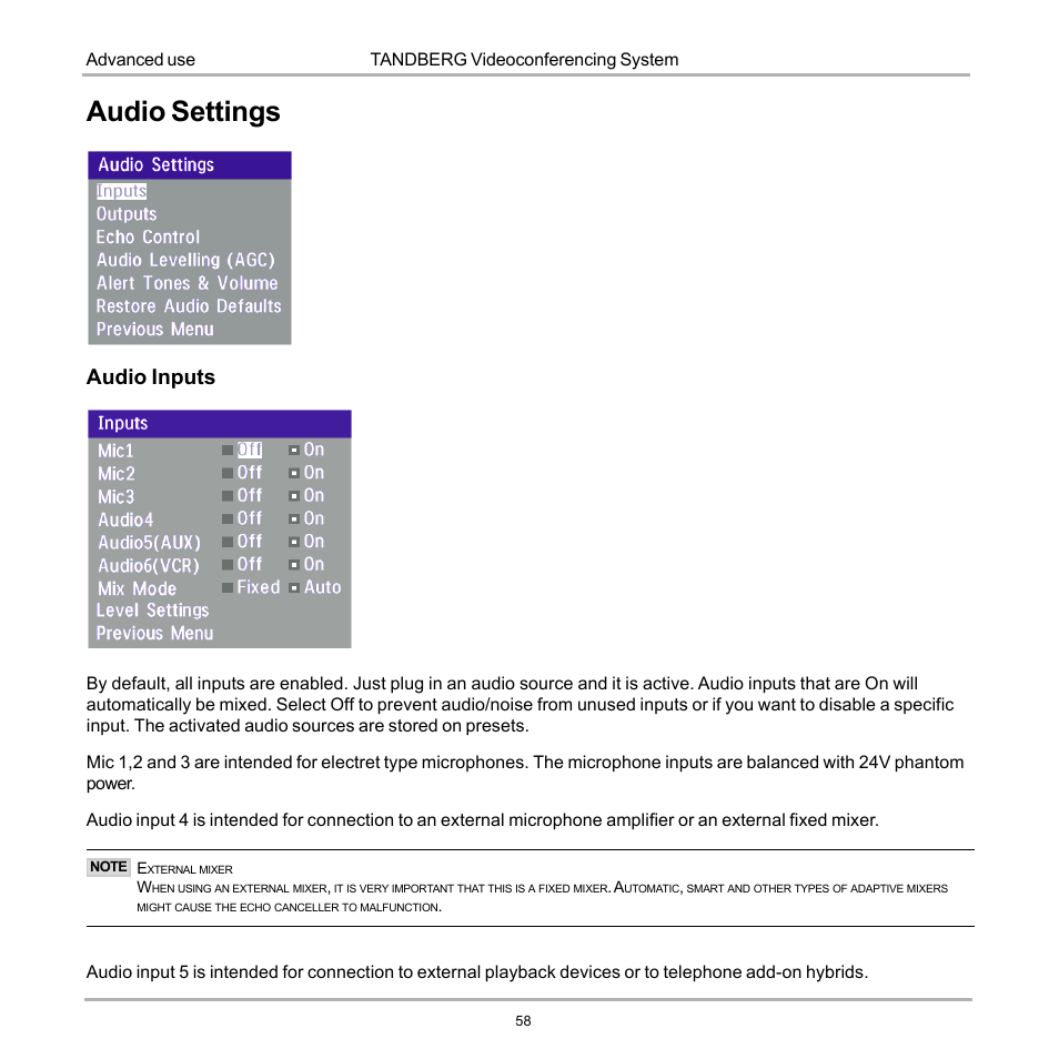 Audio settings, Audio inputs | Tandberg Data 7000 User Manual | Page 58 / 118