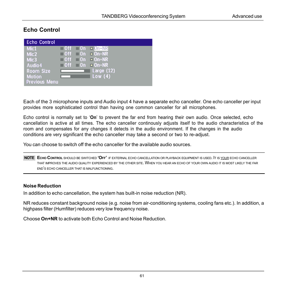 Echo control, Tandberg videoconferencing system, Advanced use | Tandberg Data 7000 User Manual | Page 61 / 118