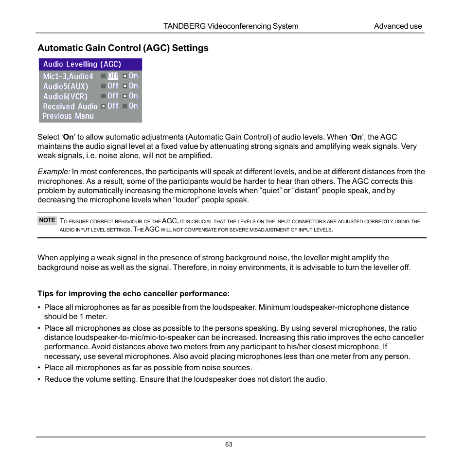 Automatic gain control (agc) settings | Tandberg Data 7000 User Manual | Page 63 / 118