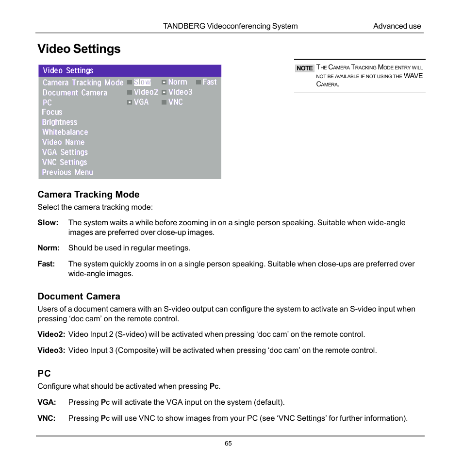 Video settings, Camera tracking mode, Document camera | Tandberg Data 7000 User Manual | Page 65 / 118