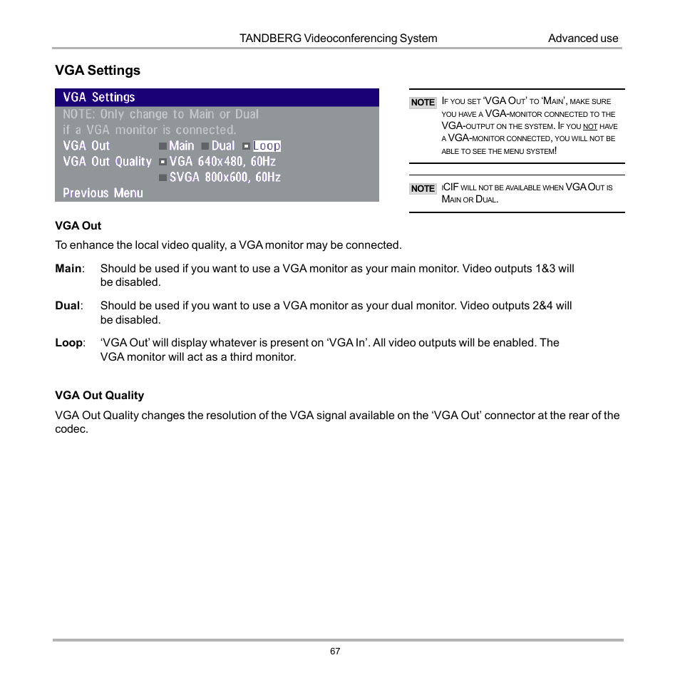 Vga settings, Tandberg videoconferencing system, Advanced use | Tandberg Data 7000 User Manual | Page 67 / 118