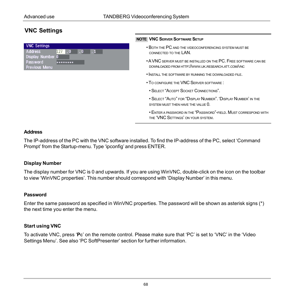Vnc settings | Tandberg Data 7000 User Manual | Page 68 / 118