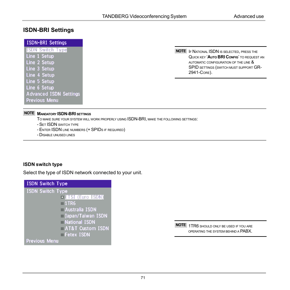 Isdn-bri settings, Tandberg videoconferencing system, Advanced use | Tandberg Data 7000 User Manual | Page 71 / 118