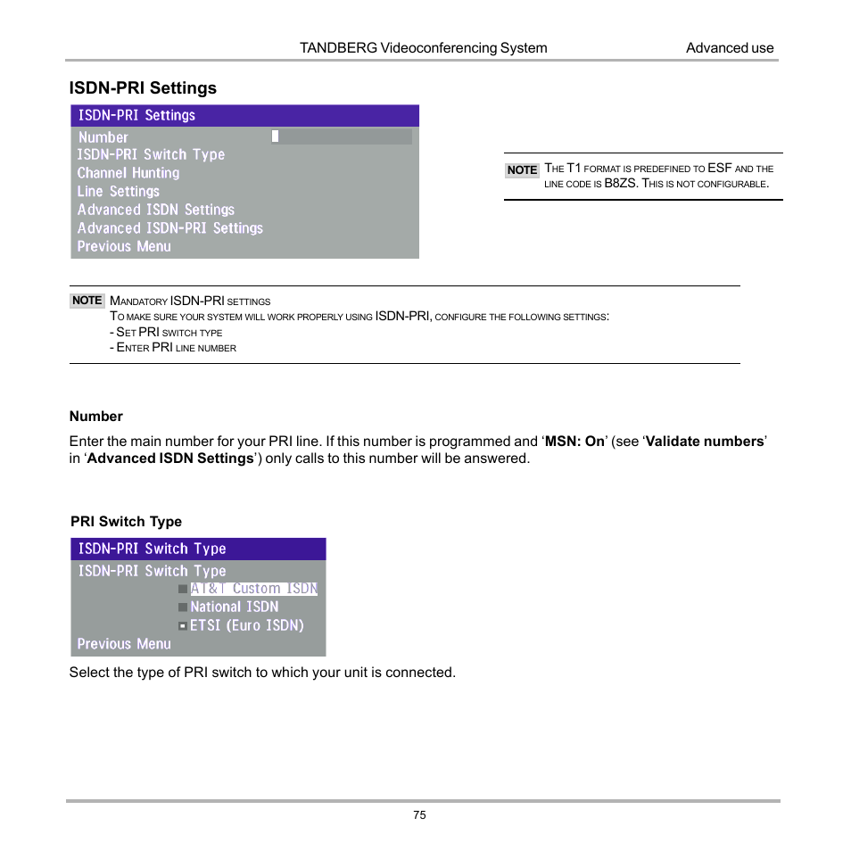 Isdn-pri settings, Tandberg videoconferencing system | Tandberg Data 7000 User Manual | Page 75 / 118