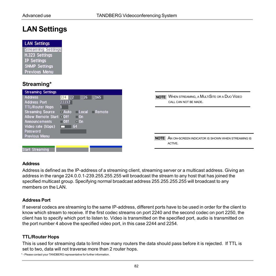 Lan settings, Streaming | Tandberg Data 7000 User Manual | Page 82 / 118