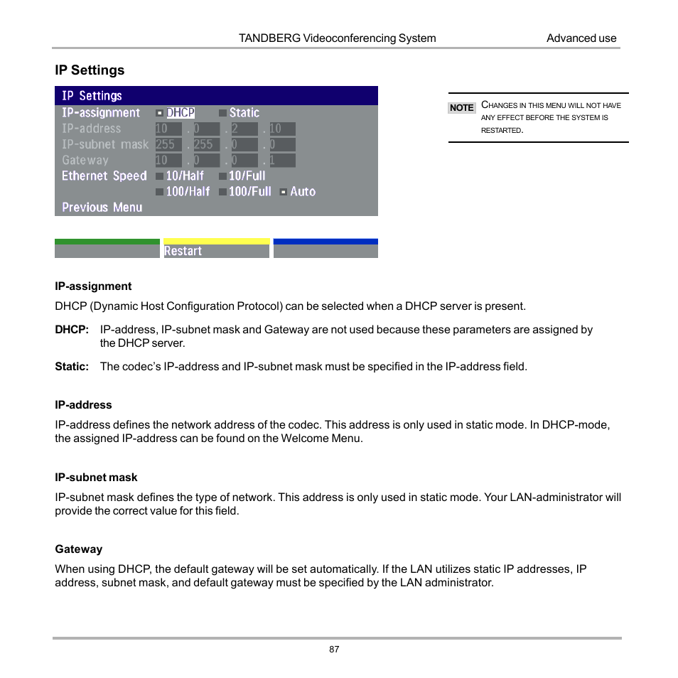 Ip settings | Tandberg Data 7000 User Manual | Page 87 / 118