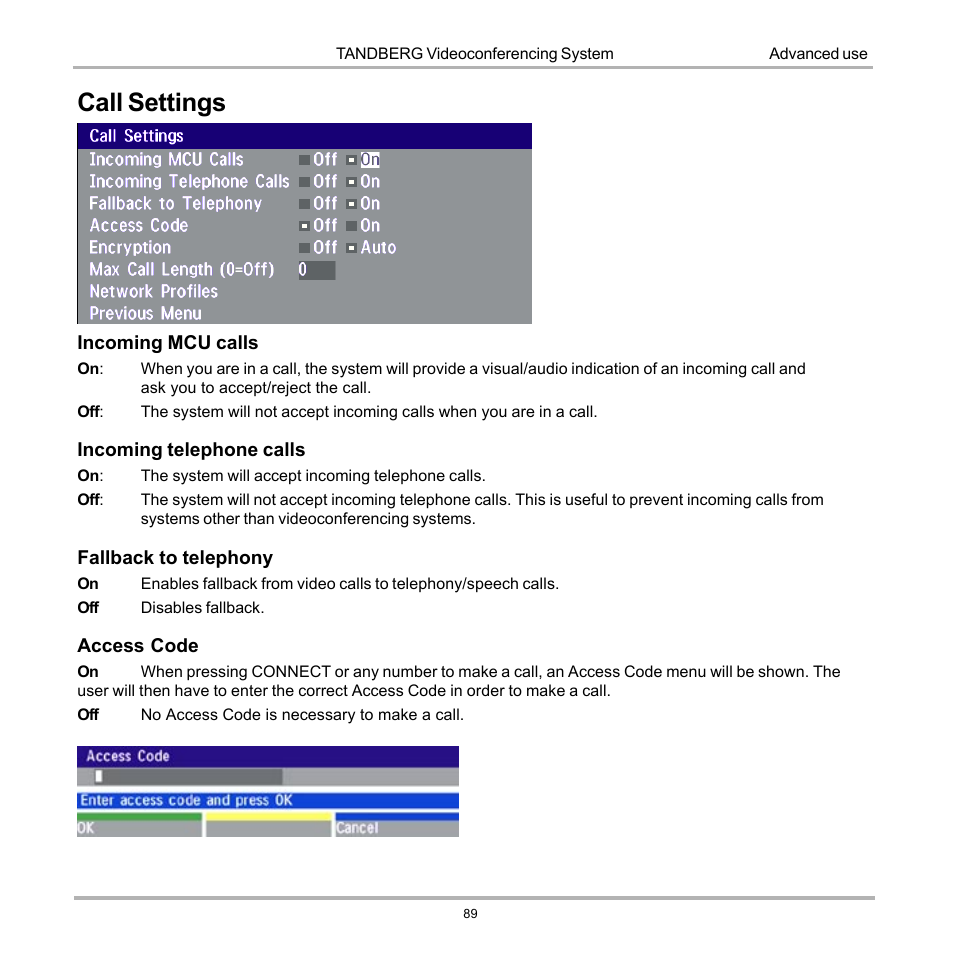 Call settings | Tandberg Data 7000 User Manual | Page 89 / 118