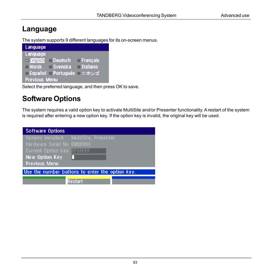 Language, Software options, Language software options | Tandberg Data 7000 User Manual | Page 93 / 118