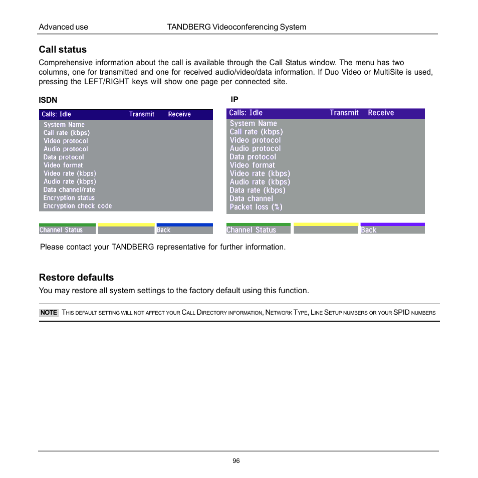 Restore defaults, Call status | Tandberg Data 7000 User Manual | Page 96 / 118