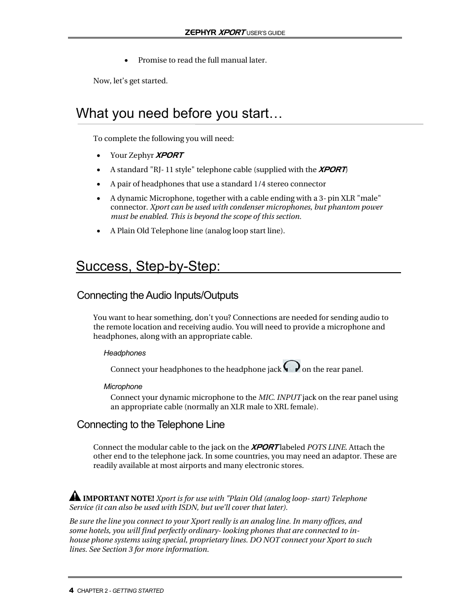 What you need before you start, Success, step-by-step, Connecting the audio inputs/outputs | Connecting to the telephone line | Telos Zephyr Xport User Manual | Page 14 / 57