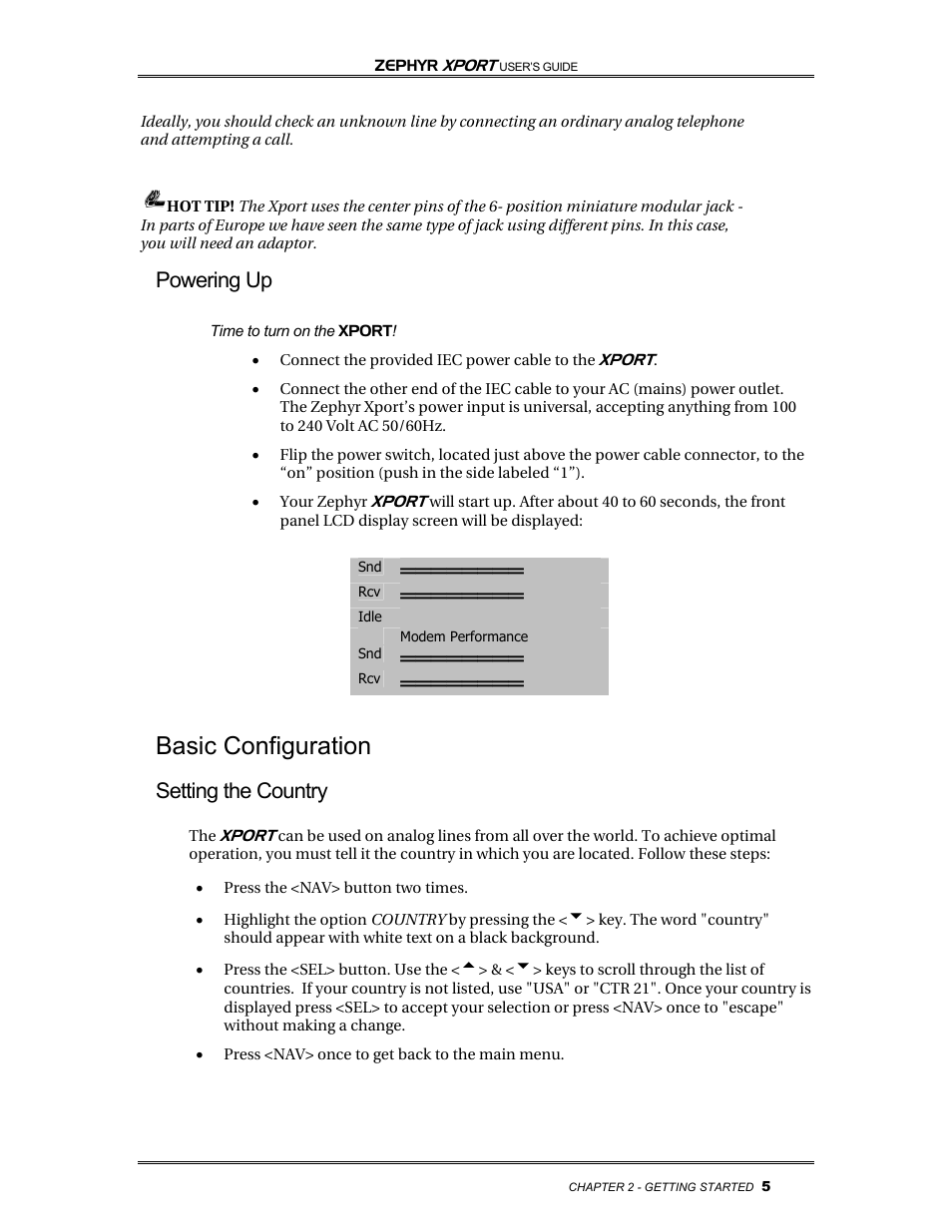 Basic configuration, Powering up, Setting the country | Telos Zephyr Xport User Manual | Page 15 / 57