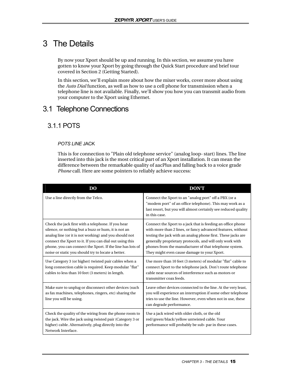 3 the details, 1 telephone connections, 1 pots | Telos Zephyr Xport User Manual | Page 25 / 57