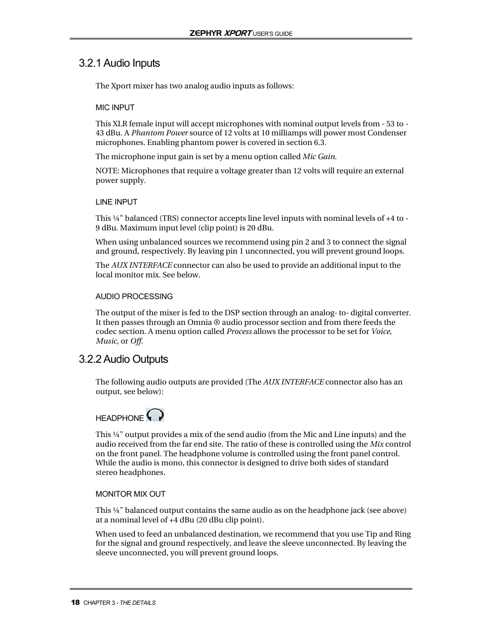 1 audio inputs, 2 audio outputs | Telos Zephyr Xport User Manual | Page 28 / 57