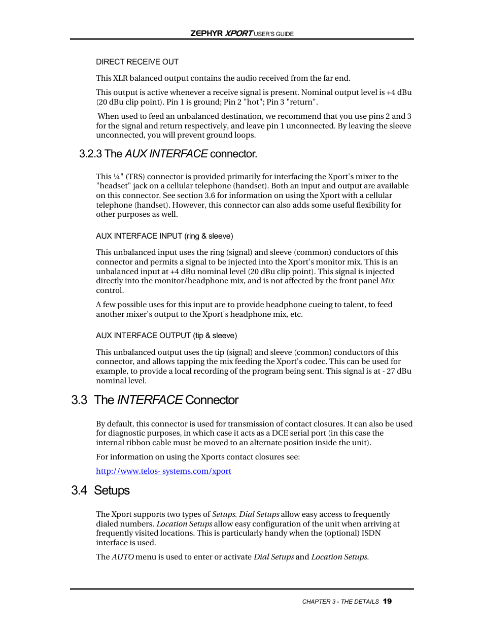 3 the interface connector, 4 setups, 3 the aux interface connector | Telos Zephyr Xport User Manual | Page 29 / 57