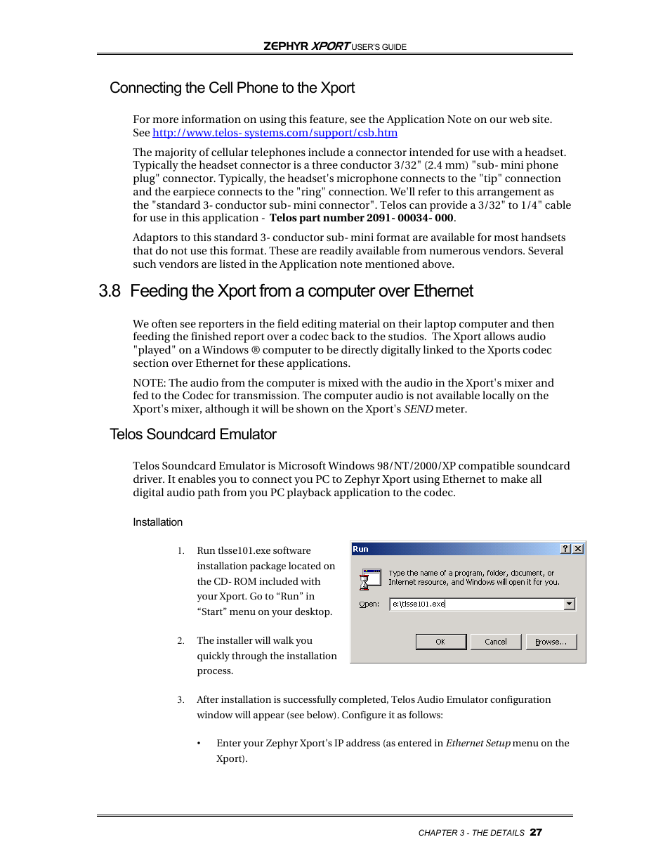 8 feeding the xport from a computer over ethernet, Connecting the cell phone to the xport, Telos soundcard emulator | Telos Zephyr Xport User Manual | Page 37 / 57