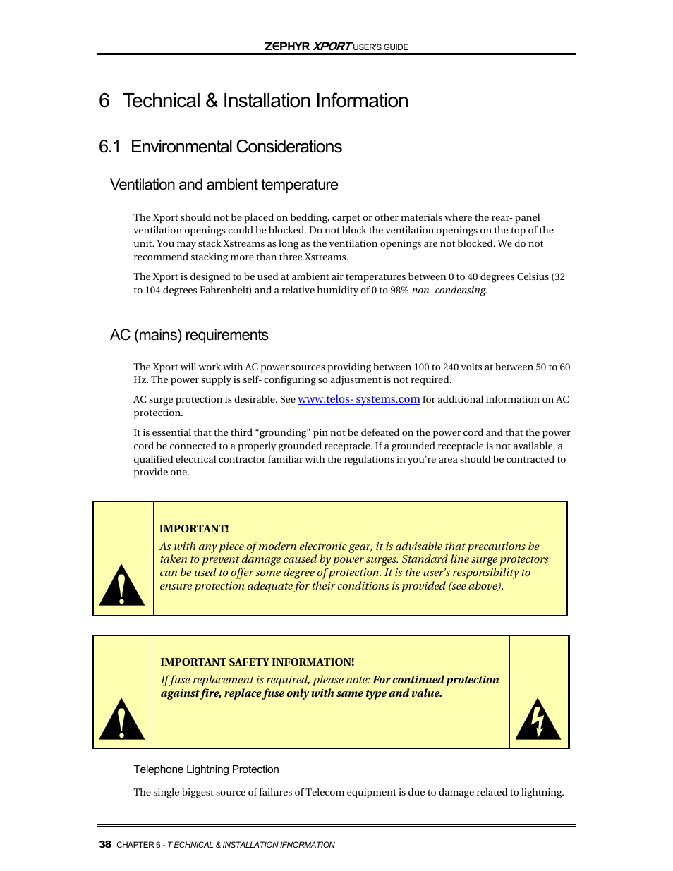 6 technical & installation information, 1 environmental considerations | Telos Zephyr Xport User Manual | Page 48 / 57