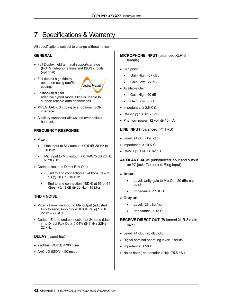 7specifications & warranty | Telos Zephyr Xport User Manual | Page 52 / 57