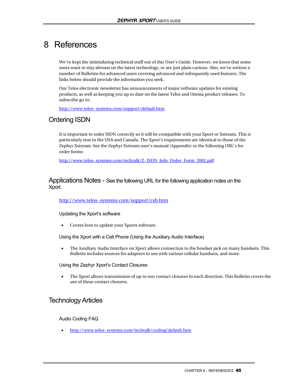 8 references, Ordering isdn, Technology articles | Telos Zephyr Xport User Manual | Page 55 / 57