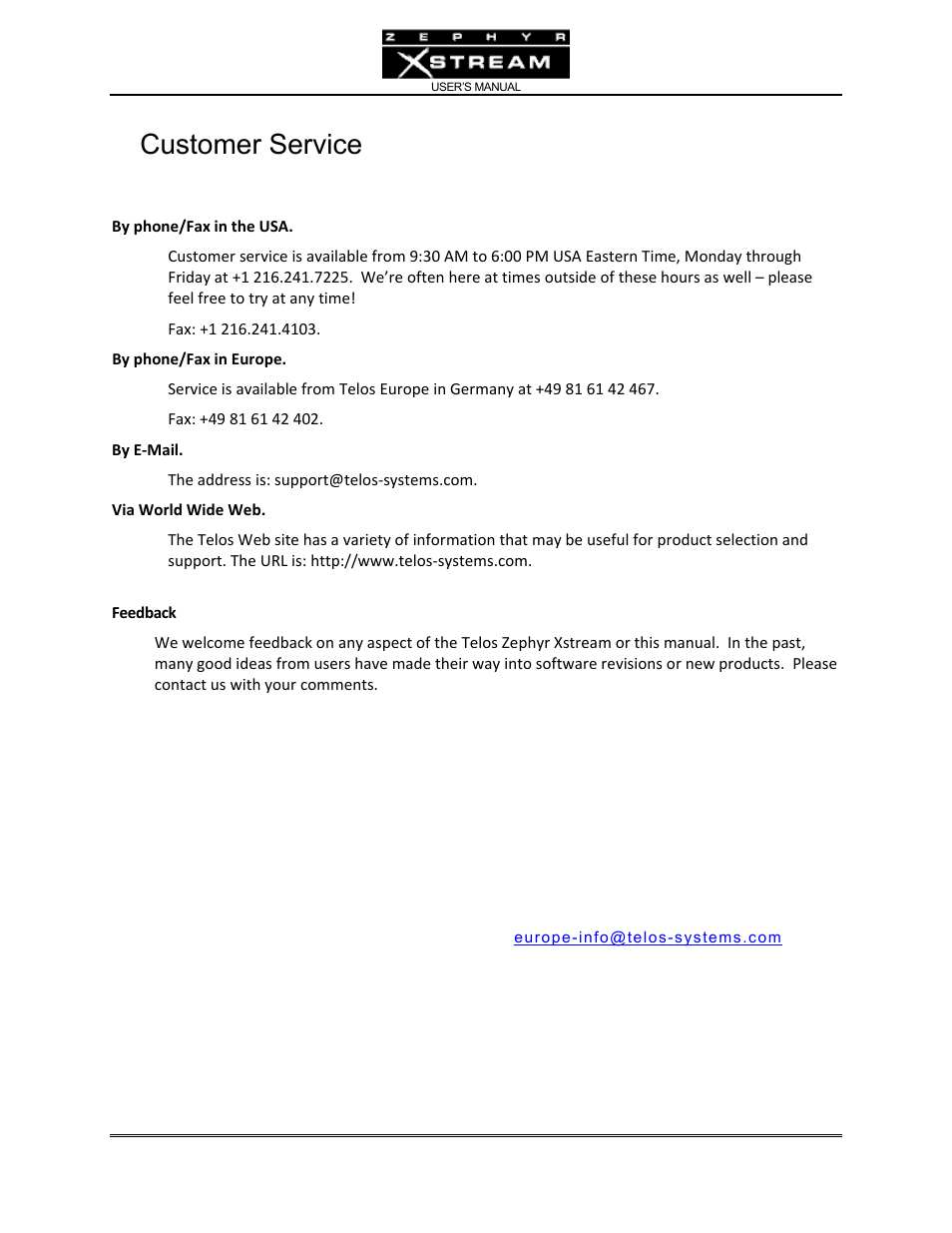 Customer service | Telos Zephyr Xstream User Manual | Page 3 / 381