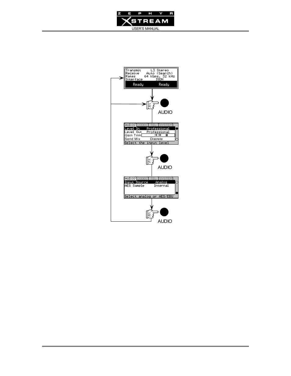 Menus - the audio menu | Telos Zephyr Xstream User Manual | Page 96 / 381