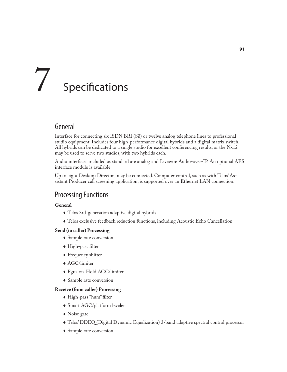 Specifications, General, Processing functions | Telos NX12 User Manual | Page 101 / 133