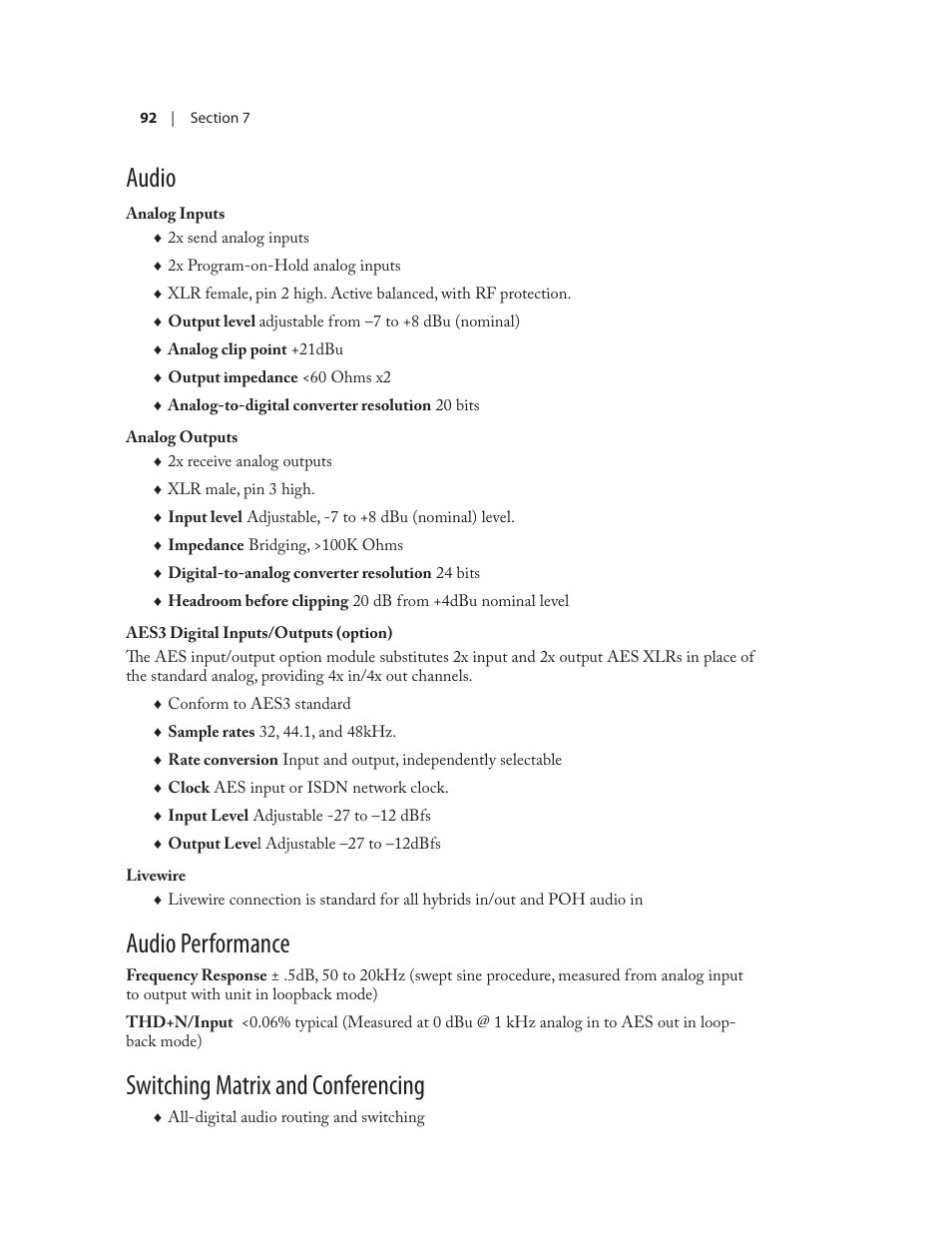 Audio, Audio performance, Switching matrix and conferencing | Telos NX12 User Manual | Page 102 / 133