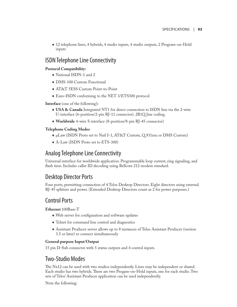Isdn telephone line connectivity, Analog telephone line connectivity, Desktop director ports | Control ports, Two-studio modes | Telos NX12 User Manual | Page 103 / 133